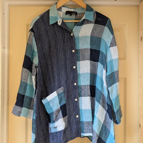 Liv by Habitat Yin Yang Shirt Womens Small Linen Blue Plaid Button Up Lagenlook - Picture 1 of 8